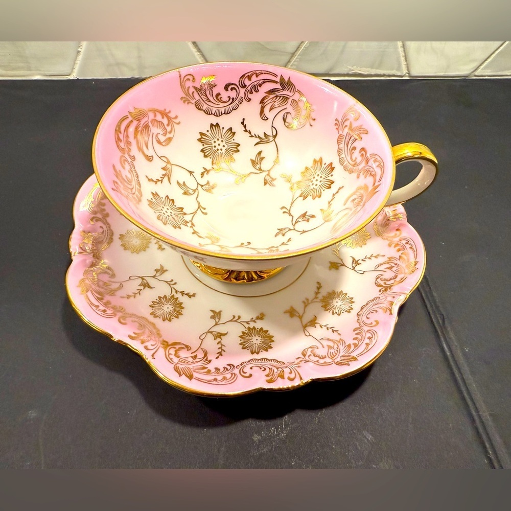 Bavaria Everthal Bone China Pink & Gold Floral Teacup & Saucer VINTAGE Germany